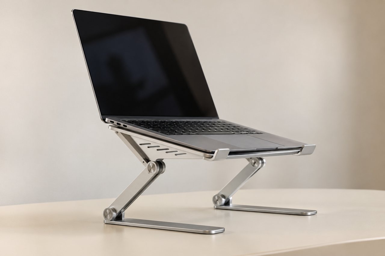 Notebook de tela apagada apoiado em um suporte metálico ajustável, com articulações, pés e aberturas de ventilação visíveis.