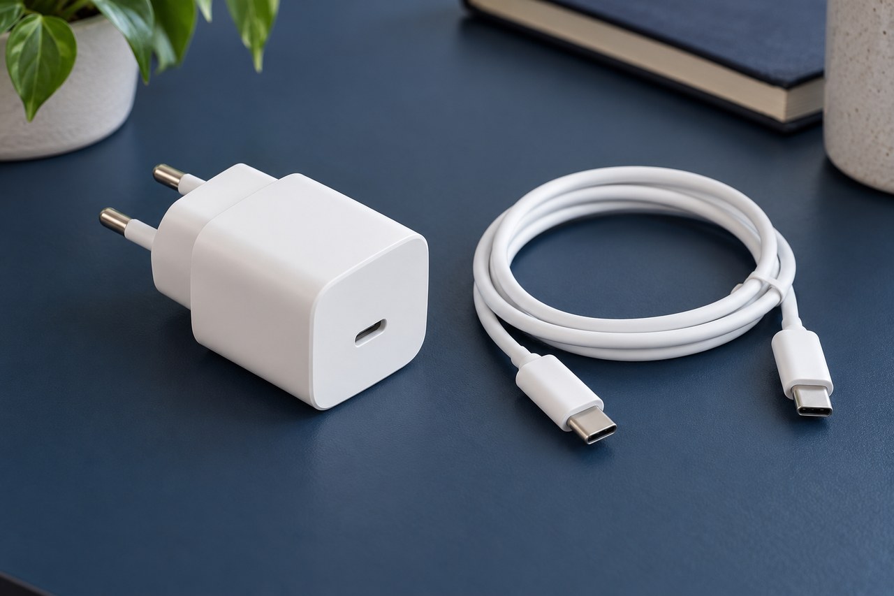 Carregador USB-C branco genérico com dois pinos redondos e cabo USB-C desconectado sobre mesa azul.