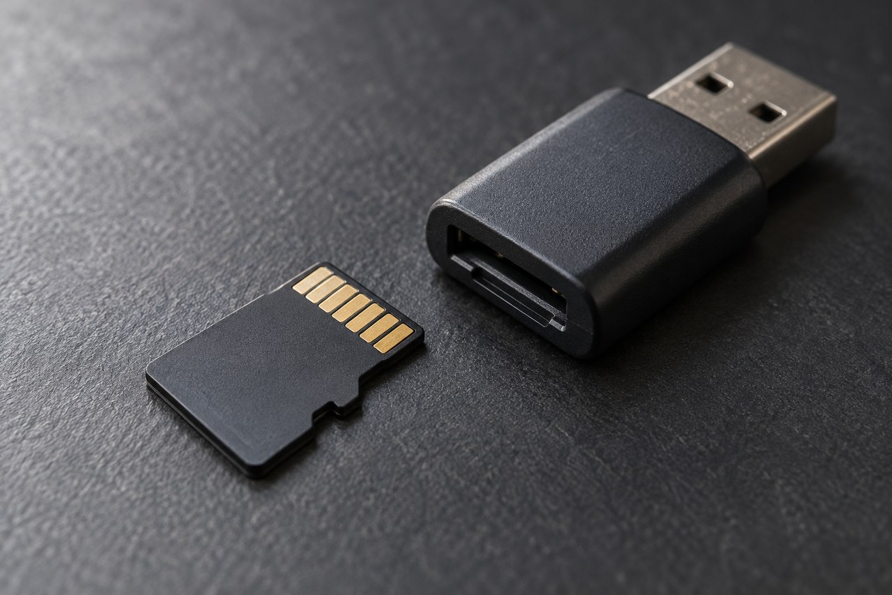 Cartão microSD genérico com contatos dourados ao lado de um leitor USB desconectado.