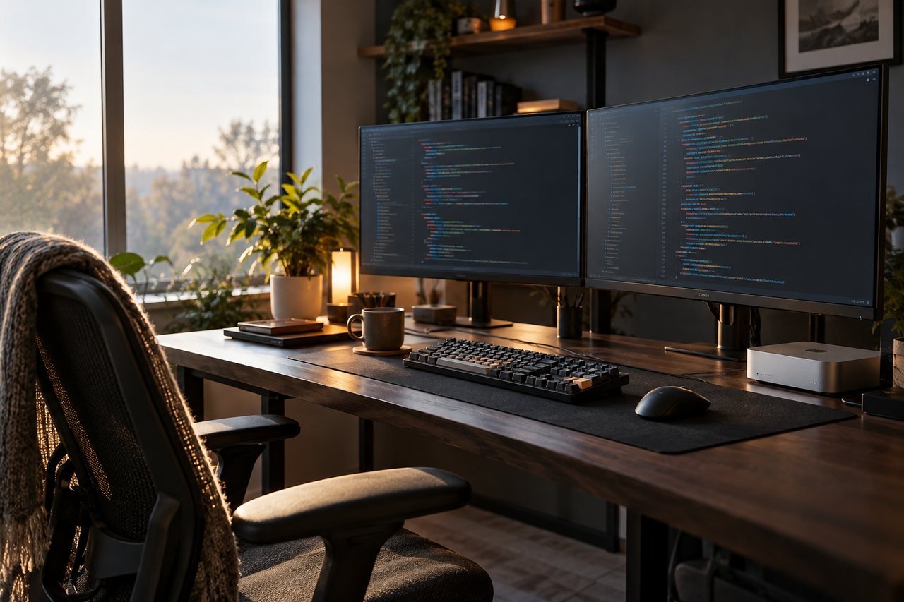 Mesa de desenvolvimento com dois monitores e teclado.