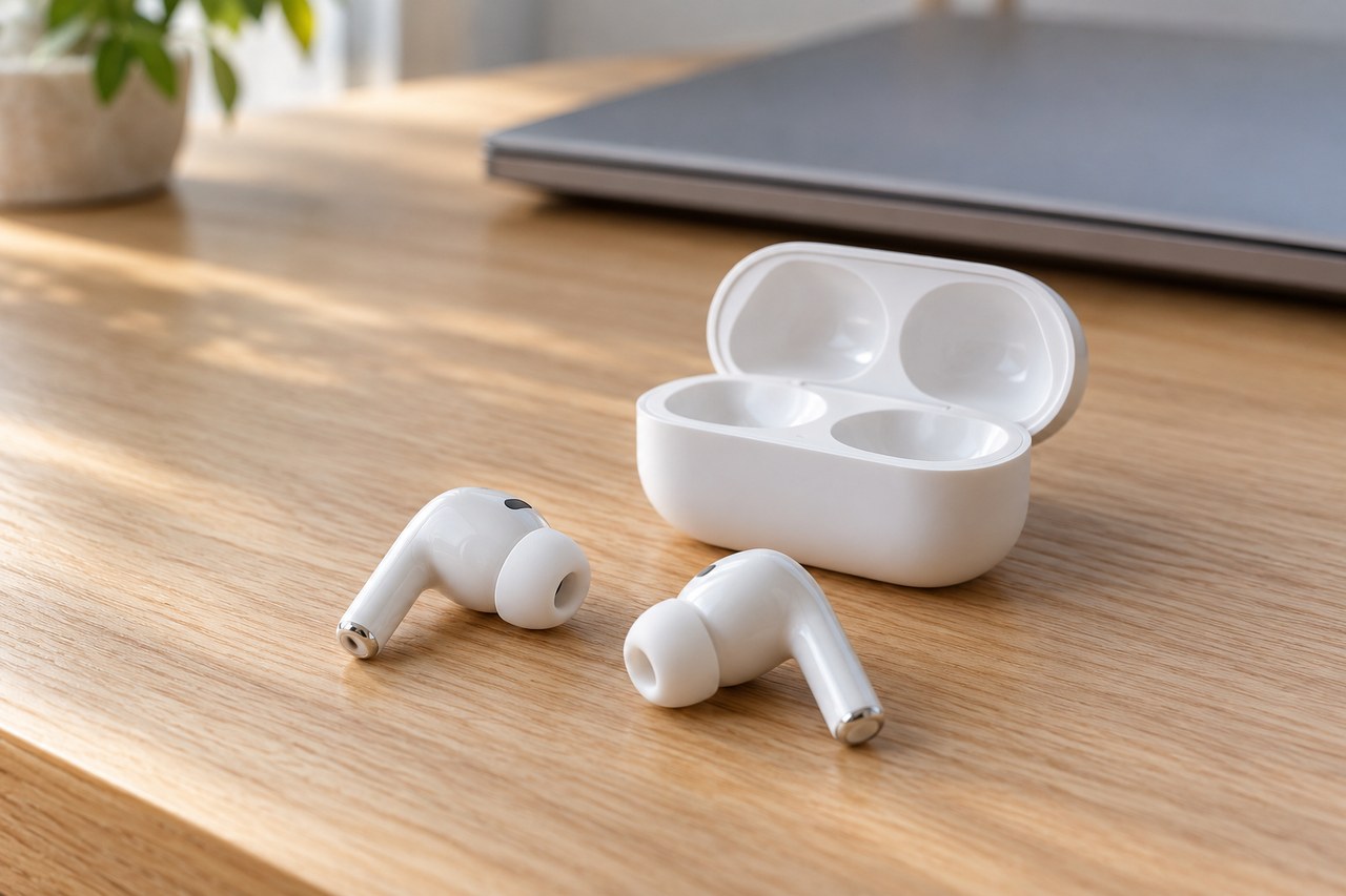 Dois fones intra-auriculares brancos genéricos ao lado de um estojo aberto sobre mesa de madeira.