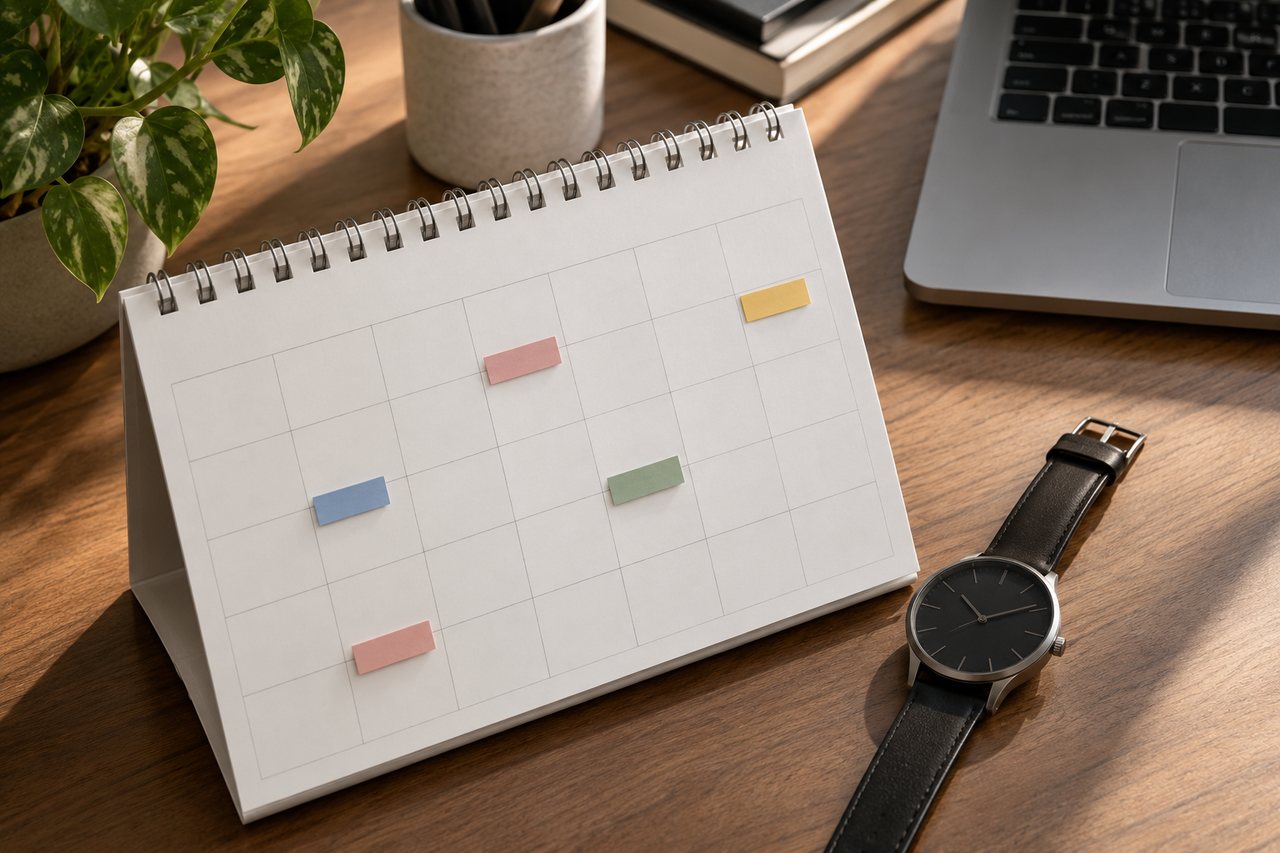 Calendário físico com grade vazia e marcadores coloridos, ao lado de um relógio de pulso e parte de um notebook.