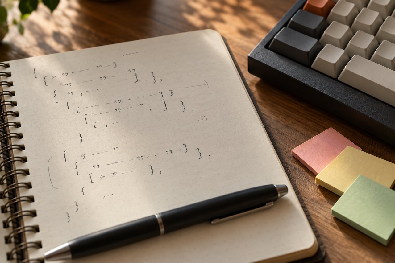 Caderno de papel com chaves, aspas e pequenos traços manuscritos, ao lado de um teclado, notas adesivas coloridas e caneta.