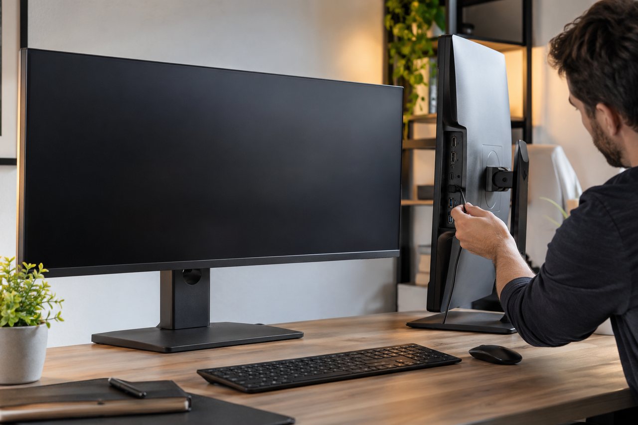 Dois monitores pretos sobre mesa de trabalho, com um adulto conectando um cabo às entradas do monitor virado de lado.