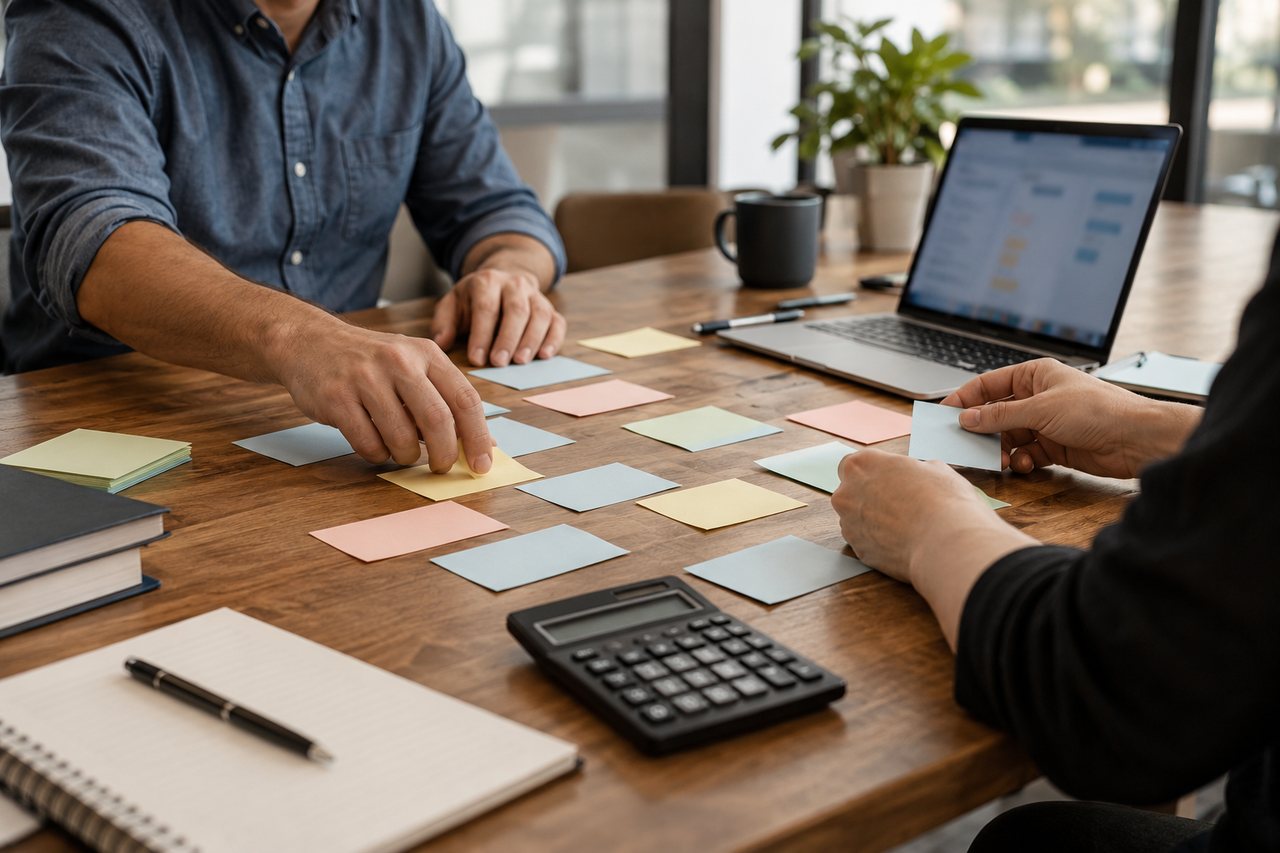 Duas pessoas adultas organizando cartões de tarefas sobre uma mesa com notebook e calculadora.