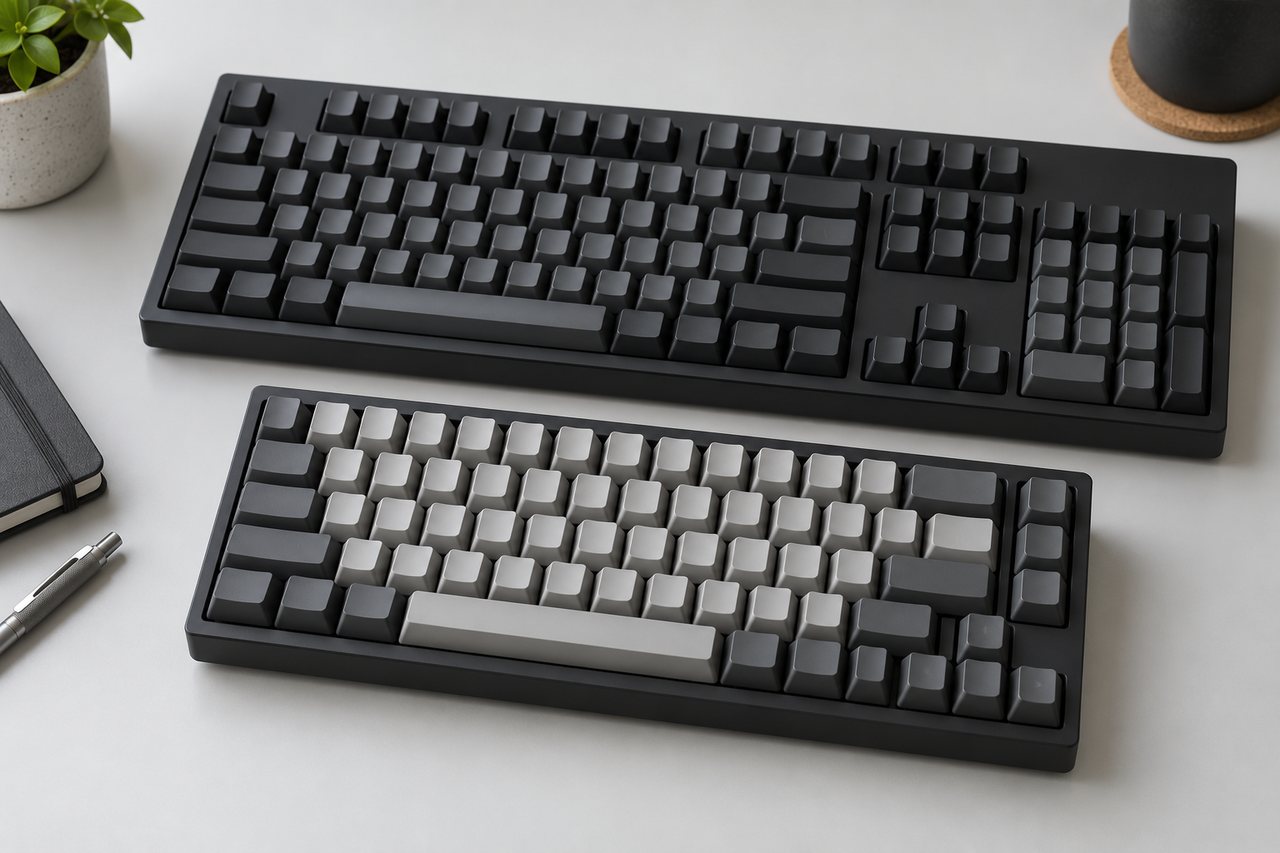 Dois teclados mecânicos sem inscrições, um compacto cinza e outro preto de tamanho completo com bloco numérico, sobre mesa clara.
